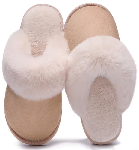 Misolin Womens Slipper Memory Foam Fluffy Slip-on House Faux Suede Fur Lined/Anti-Skid Sole, Indoor & Outdoor,Light Brown 5.5/6.5 UK=CN 280mm