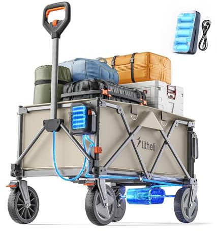 Litheli Elektrische Bollerwagen Faltbar, mit 20cm Geländereifen, 200L Fassungsvermögen, 60kg Traglast, 2 Bremsen, geeignet für Camping, Garten, Strand, Einkauf, Beige