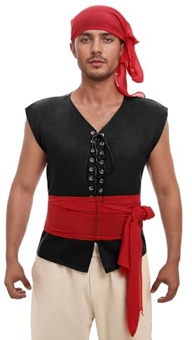 Odizli Piratenkostüm Herren Mittelalter Wikinger Weste + Kopftuch + Gürtel Halloween Karneval Pirat Kostüm