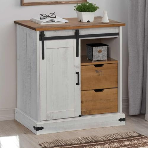 HaoChrymec Aparador Blanco con Puerta Corredera, Madera Maciza de Pino, 2 Cajones, Aparador para Salón, Alacena de Cocina, Armario Bajo, Mueble Bajo Cocina, 80 x 40 x 80 cm