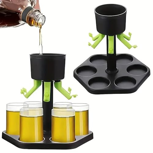MIXNEX 6-Shot Glass Dispenser & Holder Set – Hexagon Drink Dispenser with 6 Shot Glasses for Even Pouring, Party Bar Accessories for Cocktails, Whiskey, Tequila