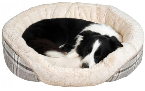 Donut Dog Bed, Calming Non-Slip, Soft & Cosy Plush with Reversible Inner, Anti-Anxiety Round Pet Bed for Small to Medium Dogs, Washable Grey Tartan Check (72 × 48 × 9 cm)
