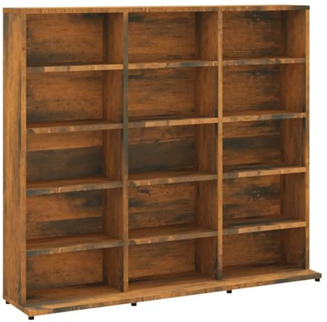 ACAGALA CD DVD Blueray Regal, CD-Ständer mit 15 Fächern, Bücherschrank Räuchereiche100 x 23 x 89,5 cm, Bücherregal Wand für Sammlungen und Vitrine