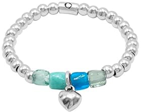 Ciclòn pulsera elastica con bolas bañadas en plata y cristal de muranos, motivo centras corazon (azul)