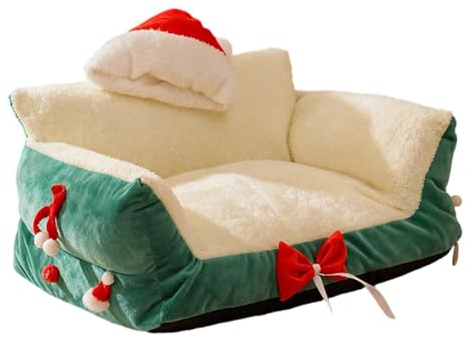 Fonowx Katzenbett Schlafhöhle Haustierbett Hundehütte Indoor Aus Waschbarem Material mit Kuscheligem Rückzugsort Und Lustigem Weihnachtsmotiv für Wohnungsein, Grün 50x35x25cm