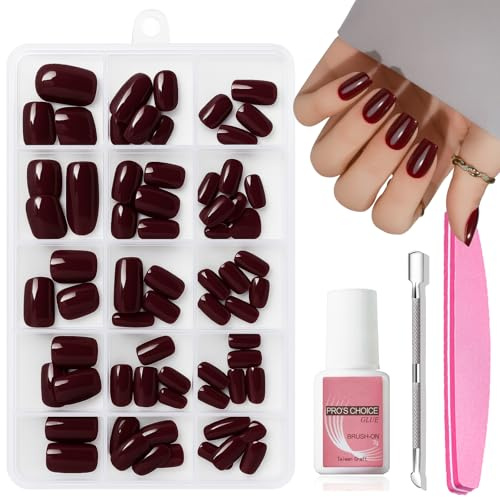 Burgundy Red Press on Nails,240pcs Wine Red Square False Nails Short, Cherry wine Stick on Nails Christmas Fake Nails Set, French Tip Glue on Nail for Women Nail Art