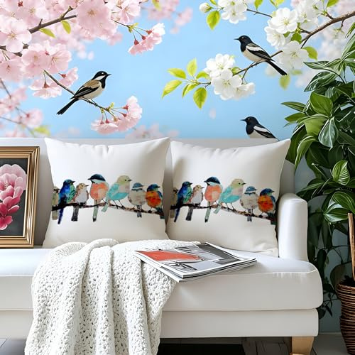 Gnoxaris Outdoor Kissenbezug Wasserfest Outdoor Kissen Wetterfest Dekorative Gartenkissen 45x45 cm Bunte Vögel auf AST Wasserdicht Kissenbezüge 2er Set für Garten Sofa Wohnzimmer Bett