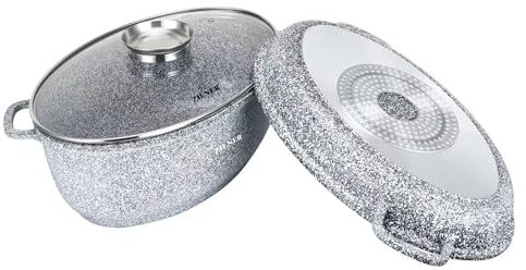 ZILNER Bräter mit Deckel, 8 L, 2in1 Topf & Pfanne, Marmorbeschichtung, Grau