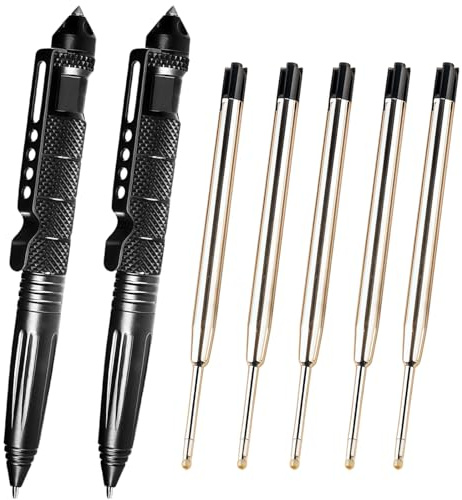 Vyqrx 2 Stück Multitool Taktischer Kugelschreiber mit 5 Tinten Nachfüllpackungen,Tactical Pen Taktischer Stift, Taktischer Kugelschreiber, Survival Gadget für Schreiben Schwarz,