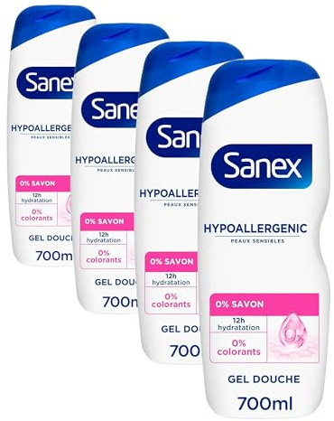 SANEX - Gel Douche Derma Care - Hypoallergénique - 12h d'Hydratation - Peaux Sensibles - 700ml (Lot de 4)