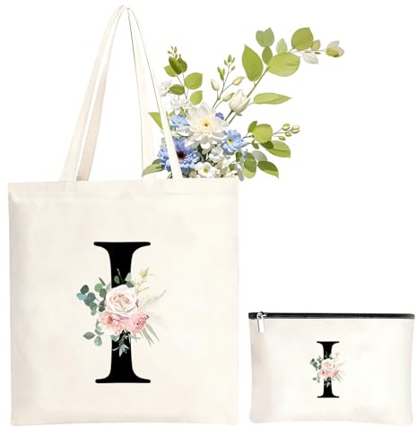 NHTJTHE Initialen - Bolsa de la compra de lona con cremallera y bolsa de cosméticos a juego, idea de regalo especial para mujeres, mamá, novia en todos los días festivos
