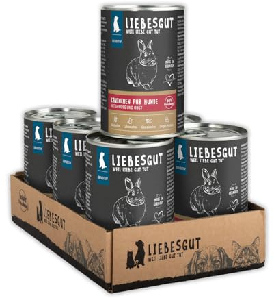Liebesgut Bio Hundefutter Nass Kaninchen mit Gemüse und Obst, extra viel Fleisch, 6x400g, produziert in Bayern