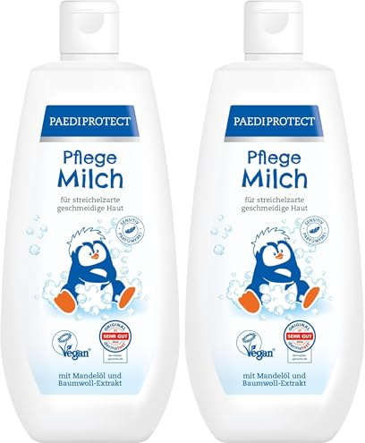 PAEDIPROTECT Pflegemilch 300 ml, für Baby, Kinder und Erwachsene, pflegende Bodylotion mit Mandelöl und Panthenol für trockene Haut, ohne Mikroplastik, vegan (Packung mit 2)