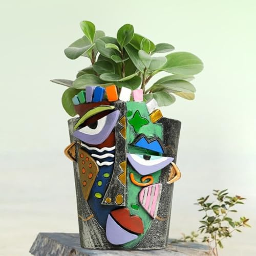 Alanmoship Abstract Face Pot With Colorful Resin Finish For Indoor Tabletop Or Outdoor Garden Decor, Small S Size Multicolored(M)
