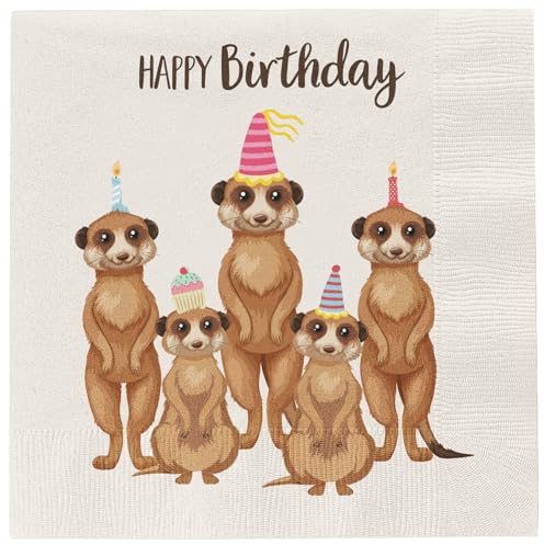 MACOSA CP74551_x2 Papier-Servietten Set 40 Stk. Happy Birthday Erdmännchen Beige Braun Tischdeko Geburtstag Cocktailservietten Papierservietten Einweg-Servietten Partyservietten
