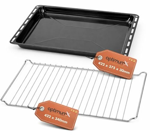 OptimumX 422x375x30mm Emailliert Backblech und Gitter, rechteckige Fettpfanne/Kuchenblech für Backofen, ideal zum Backen, Braten & Grillen, 2-teilig
