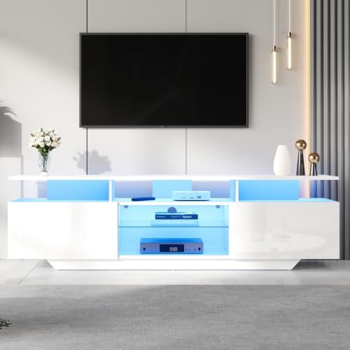ZHOMGG 160cm Meuble TV Brillante LED 16 Couleurs et Rangement pour TV 70 | Support TV 2 Portes, Étagères Verre Trempé,8 Compartiments,Design Moderne Élégant pour Salon et Chambre160×40×45cm