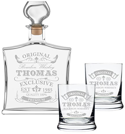 3-TLG Geschenk-Set mit Whiskeyflasche und 2 Whiskygläser - Edle Glas-Karaffe Inhalt: 700ml - Personalisiert mit Gravur - Motiv Original-Exklusive