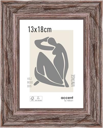 accent by nielsen Bilderrahmen, 13 x 18 cm, Holz, Braun, Fotorahmen zum Auftstellen und Aufhängen im Hoch- & Querformat, Echtglas, Vintage