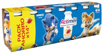 Actimel Kids Yogur bebible fresa platano- con probioticos, fermentos y vitaminas - Pack 14x100g