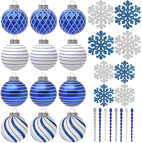 SLEETLY 28pk White Blue Christmas Baubles for Tree Decorations - Holiday Xmas Shatterproof Plastic Ball Ornaments, Icicles and Snowflakes Set