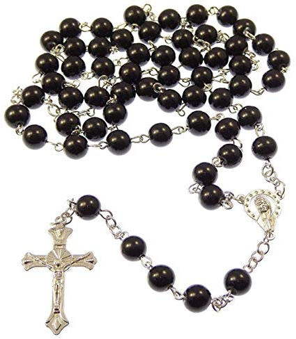 Catholic Rosary Beads Necklace – 8mm Black Glass Beads with Silver-Tone Crucifix & Mary Medal – Traditional Prayer Rosary for Men & Women