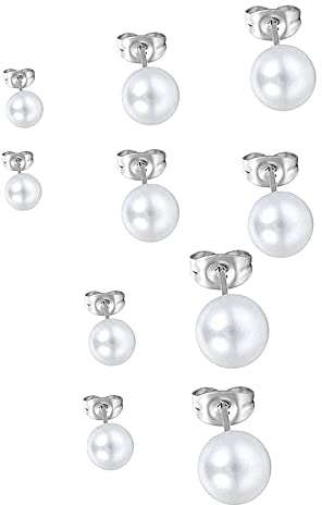 Xhuan 5/12Paires Boucle d'oreille Clous d'oreilles Ronde Perle 3mm-8mm Pour Femme/Homme Bijou Fantaisie Couleur Blanc No(Blanc)