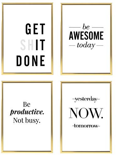 Heimlich® Premium Poster Set mit Bilderrahmen Aluminium Gold | 4 x DIN A3 - ca. 30x42 | Stilvolle Poster Collagen mit passenden Motiven als Wandbilder Wohnzimmer » Motivation «