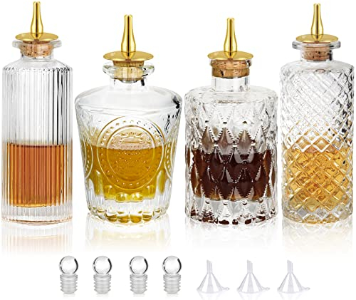 SuproBarware Bitterflasche Glasdasher für Cocktails 4 Stück – Glasflaschen mit Armaturenbrettverschluss, ideal für Barkeeper, Hausbar