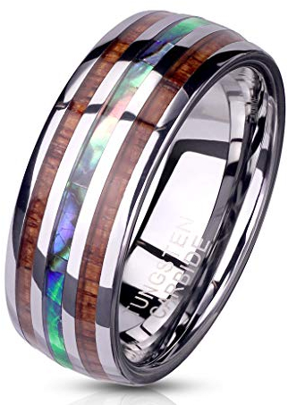 Paula & Fritz® Ring Damen Wolframcarbid Holz Abalone-Inlay Gr. 70 (22,3) Silber 8-mm Breit Herren-Ring Damenring Verlobungsring Ehering Abalone-Muschel