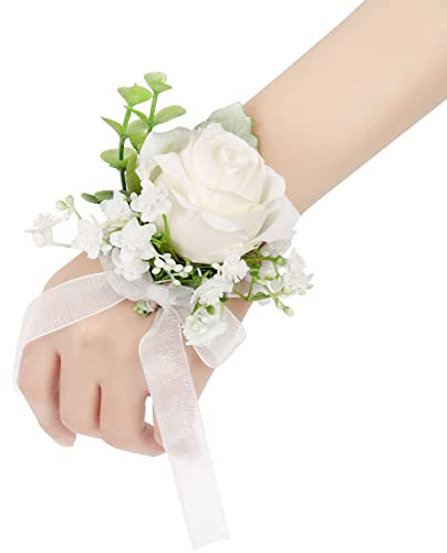 YSUCAU Weiße Rose Handgelenk-Armband für Hochzeit, 6 Stück, elfenbeinfarbenes Eukalyptus-Handgelenk, Blumen-Armband, Handblume für Braut, Brautjungfer, Brautmutter, Abschlussball, Party-Dekoration