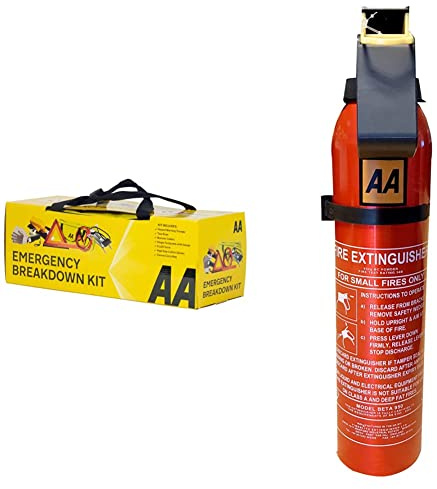 AA Car Essentials 5060114610651 Emergency Breakdown Kit & 950g Fire Extinguisher 1547 - Uses BC Powder Small Fires - Lightweight Easy To Use UK Made 5 Year Warranty