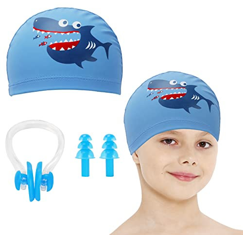 Gorro de Natación de Niños, Tiburón Azul 5-12 Años Gorro Piscina Niña Niños Gorro de Baño Gorro de Natación de Poliéster Elástico con Clip de Nariz Tapones para Los Oídos para Cabello Largo y Corto