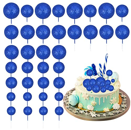 30Pcs Glitter Balls Cake Topper Foam Ball Cake Picks Mini Balloon DIY Cake Insert Topper Decoration for Baby Shower Wedding Anniversary Kids Birthday Graduation Party Cake Decorations Deep Blue