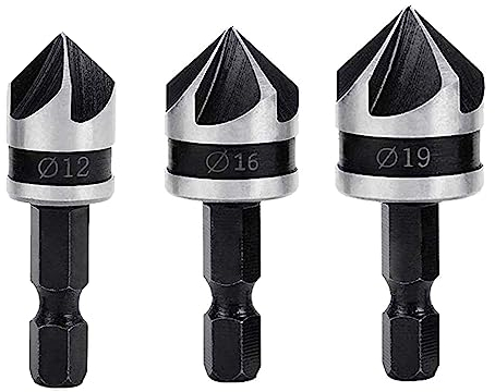 Treki 3PCS Fraises à Chanfreiner 90 Degrés 5 Flûte Fraise Conique à Noyer 12mm/16mm/19mm Fraise Bois 1/4 Hex Foret Fraisage Bois en Acier au Carbone Coupe de Chanfreinage de Bois