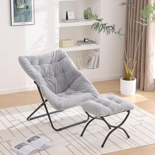 YOTATING Untertassenstuhl mit Ottomane, bequemer Kunstpelzstuhl, klappbarer, weicher, pelziger Lounge-Lazy-Stuhl, Metallrahmen, Moon Chair, Akzentstuhl für Schlafzimmer, Schlafsäle, Grau