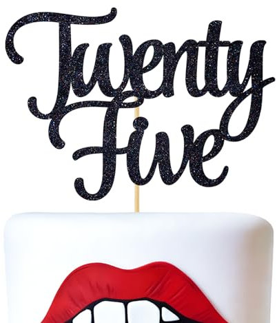Twenty Five Cake Topper – Cheers to 25 Years / 25 & Fabulous Cake Decorations, Happy 25th Birthday/Wedding Anniversary Party Decorations Supplies, Black Glitter