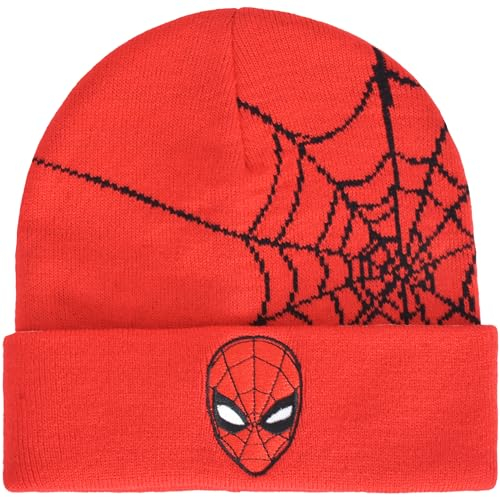 Marvel Spider-Man Beanie Mütze Web Design Winter Knit Cap mit Stulpe Rot One Size, Rot/Ausflug, einfarbig (Getaway Solids), Einheitsgröße