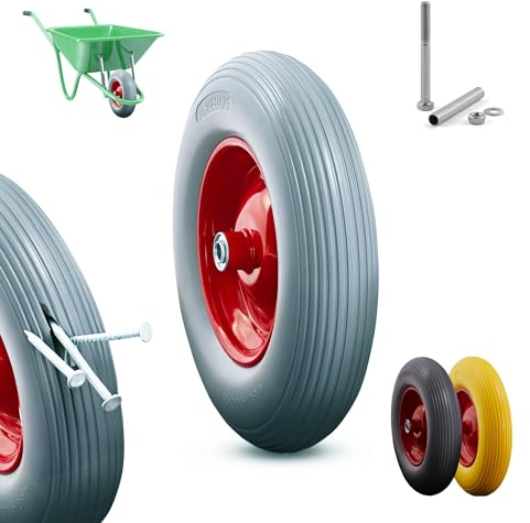 Arebos Schubkarrenrad aus pannensicherem PU Vollgummi Tragkraft 200 kg | Reifen mit Stahlfelge | 4.80/4.00-8 | Ersatzrad Gummirad mit Achse | Schubkarren Rad | Durchmesser 390 mm | Grau