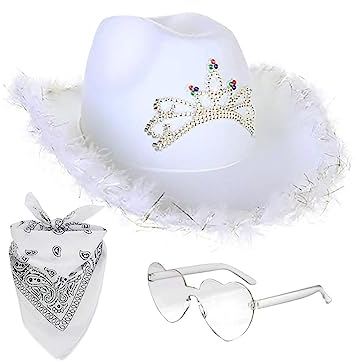 Campsie Cowboy Hut Rosa | Cowboy Hut Damen Rosa Glitzer | Wester Style Pink Cowboy Hut | Filz-Cowgirl-Hut Mit Feder-Bandana | Karneval Hut Herzbrille Kostümzubehör Partyhut Partybrille Accessoires