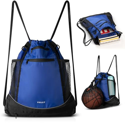 VULKIT Mochila con cordón, bolsas de gimnasio para hombres y mujeres con gran bolsillo frontal de malla para equipo de baloncesto, fútbol, bolsa de natación, Azul
