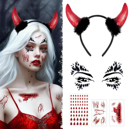 BOYATONG Karneval Kostüm Damen, Teufelshörner mit Glitzersteinen und Narben Tattoo, Teufel Kostüm Teufelsohren Haarreif Faschingskostüm Damen, Vampir Kostüm für Fasching Halloween Cosplay
