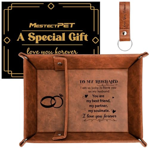 MestectPET Valet Tray Gifts for Husband from Wife, Bedside Organiser for Him Boyfriend, Best Birthday Valentine's Day Gift Nightstand PU Leather Tray for Wallet Keys Watch