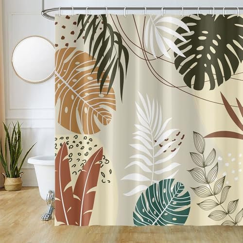 Uiiooazy Rideau Douche Anti Moisissure, Rideau de Douche 180x240cm Tropicale Abstrait Feuilles de Palmier Jungle Rideaux de Baignoire Tissu Lavable Imperméable Rideaux Salle de Bain avec 12 Crochets