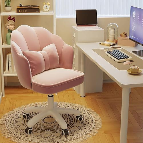 Chaise de bureau en velours peluche avec hauteur réglable et pivotante à 360 ° en velours rose pour bureau à domicile ou coiffeuse