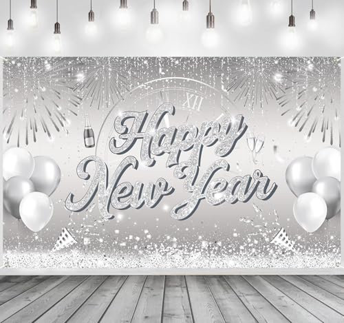 Silvester Deko 2025 Silber Happy New Year Banner, XXL Neujahr PartyDekoration Silber, 2025 Neujahr Hintergrund Banner für Silvester Dekoration Neujahr Deko 2025