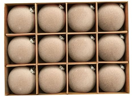 Maritown 12pcs Velvet Christmas Baubles 6cm Flocked Shatterproof Velvet Baubles Plastic Xmas Ball Decorative Hanging Ornaments For Christmas Tree Decorations (A-Beige 2#, 6cm)