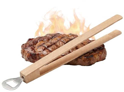 Grillzange Holz mit Flaschenöffner 2in1 aus unlackiertem Holz 35 cm