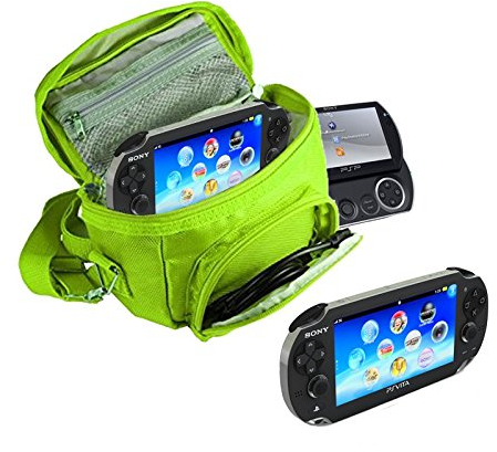 Orzly® - SPIELE & KONSOLEN (REISE-) TASCHE für die Sony PSP Konsolen (GO / VITA /1000/2000/3000) mit speziellen Fächern für die Aufbewahrung von Spielen und Zubehör. Tasche enthält Schultergurt, Tragegriff und eine Gürtelschlaufe – Grün