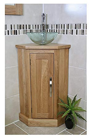 Solid Oak Bathroom Cabinet | Cloakroom Corner Vanity Sink | Bathroom Furniture - Glass Bowl- 501GLASS
